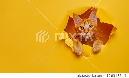 red cat breaking through yellow paper hole, banner with copy space 126317244