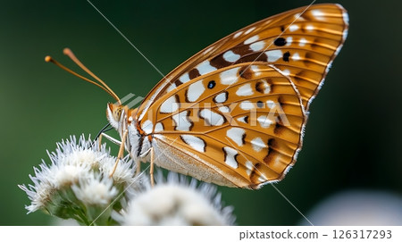 A vibrant butterfly perched on white flowers, highlighting its detailed wing patterns against a green background 126317293