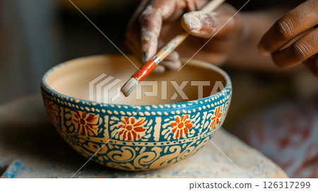 An artist carefully painting a detailed pattern on a ceramic bowl, showcasing handcrafted artistry 126317299