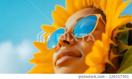 Close up of a woman wearing sunflower shaped sunglasses against a bright blue sky, reflecting summer vibes 126317301