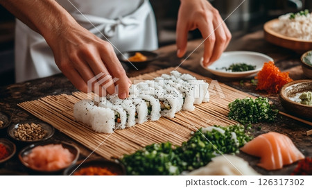 Skilled hands meticulously crafting sushi rolls with fresh ingredients on a bamboo mat, highlighting culinary expertise 126317302