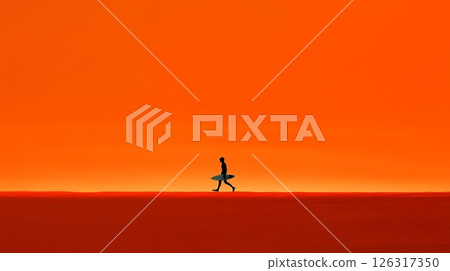 A surfer holds a board, silhouetted against a vivid orange horizon, symbolizing freedom and adventure 126317350