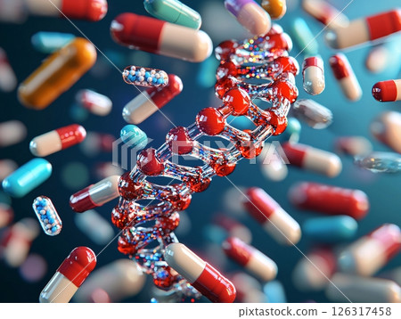Vibrant DNA Helix Surrounded by Colorful Medical Capsules Representing Pharmaceutical Research  126317458