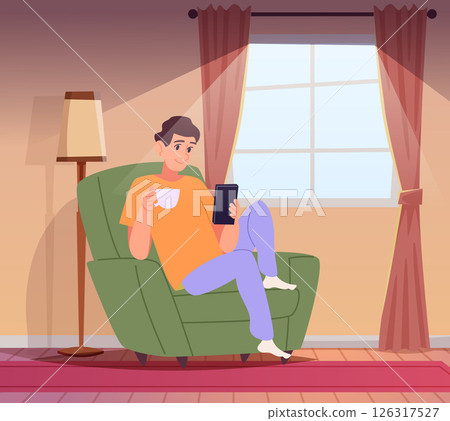 Relax on armchair. happy man sitting with cup of hot coffee and watching in smartphone Relax on armchair. happy man sitting with cup of hot coffee and watching in smartphone 126317527