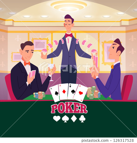 Poker players. gambling characters sitting in casino space and playing cards 126317528
