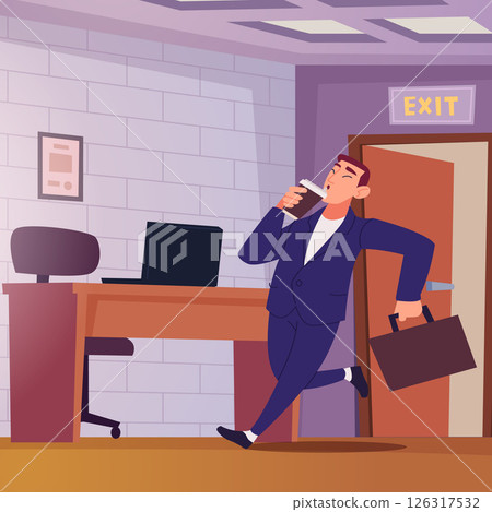 Late on work. businessman with cup of tea run in office 126317532