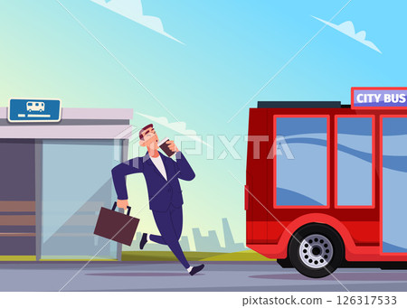 Late for bus. businessman running with cup of morning coffee Late for bus. businessman running with cup of morning coffee 126317533