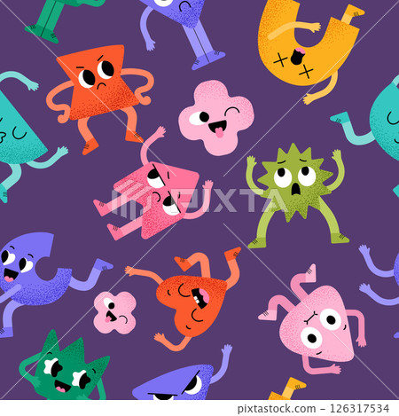 Funny emoticon pattern. geometric shapes characters with cute faces. vector seamless background 126317534