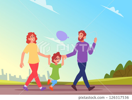 Family in park. mother father and daughter walking in park together Family in park. mother father and daughter walking in park together 126317536