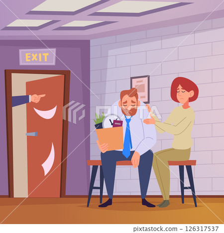 Dismissal. Employees comforts fired colleague. crying manager on business illustration 126317537