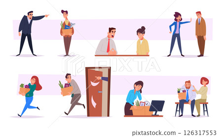 Dismissals people. Sad managers unemployed on work exact vector angry screaming bosses Dismissals people. Sad managers unemployed on work exact vector angry screaming bosses 126317553