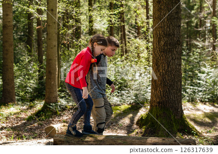 Brother and sister carefully walk a fallen log in a sun-dappled forest. Childhood adventure. 126317639