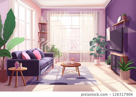 Bright living room with purple walls 126317906