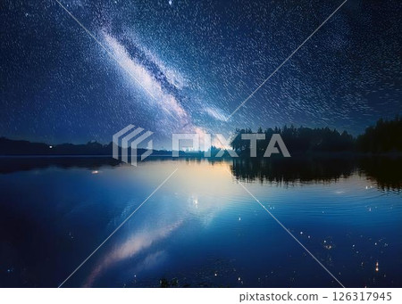 Game background: The world's most beautiful starry sky reflected on the surface of a fantastical blue lake 126317945
