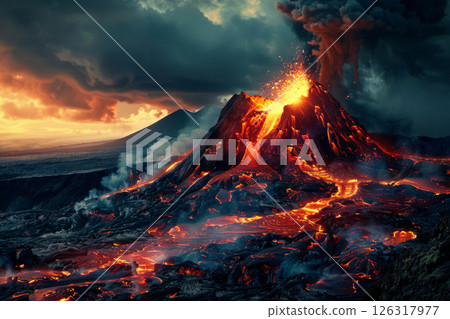 Active volcano erupting with molten lava and thick smoke 126317977