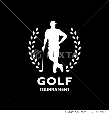 Silhouette of a man playing golf, logo, emblem on a dark background. Silhouette of a man playing golf, logo, emblem on a dark background. 126317983