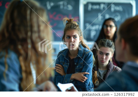 Frustrated teenage girl in classroom surrounded by classmates Frustrated teenage girl in classroom surrounded by classmates 126317992