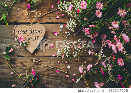 Mothers Day flowers with Best Mom Ever text on card 126317996