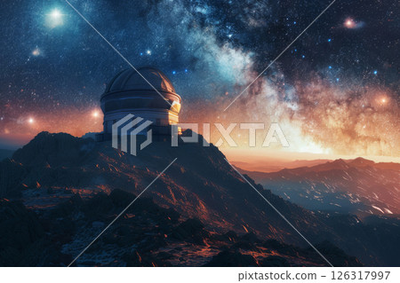 Astronomical observatory under starry sky and vibrant galaxyy 126317997