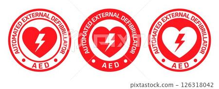 AED emergency defibrillator circle round icon sign symbol. First aid Automated external defibrillator. Vector illustration. Isolated on white background. AED emergency defibrillator circle round icon sign symbol. First aid Automated external defibrillator. Vector illustration. Isolated on white background. 126318042