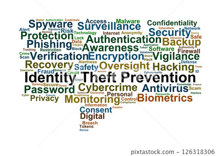 Identity Theft Prevention Word Cloud. Key terms to protect data and digital privacy Identity Theft Prevention Word Cloud. Key terms to protect data and digital privacy 126318306