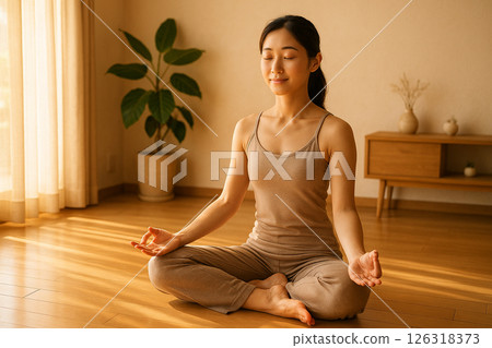 A woman meditating in a room with morning sunlight 126318373
