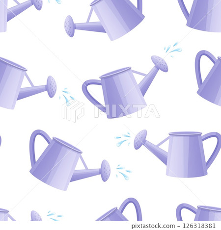 Watering can seamless pattern. Water drops and garden equipment. Gardening tool print design for fabric, wrapping, web, nowaday vector background Watering can seamless pattern. Water drops and garden equipment. Gardening tool print design for fabric, wrapping, web, nowaday vector background 126318381