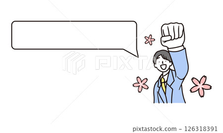 A simple illustration of the upper body of a male high school student posing energetically with a speech bubble and cherry blossoms 126318391