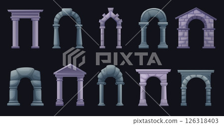 Cartoon antique arches. Roman greek arch, ancient stone pillars and columns. Architecture old style elements, archways, nowaday vector set 126318403