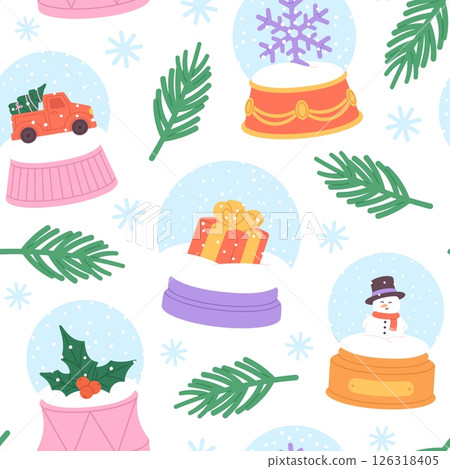 Snow globe seamless pattern. Christmas new year decorations, snowman, gift box with bow, snowflake. Holiday style fabric print, racy vector background 126318405