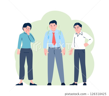 Sweating colleague. Male in shirt with wet armpits, bad odor and increased sweat. Colleagues cover nose and suffering from stinky smell, recent vector concept Sweating colleague. Male in shirt with wet armpits, bad odor and increased sweat. Colleagues cover nose and suffering from stinky smell, recent vector concept 126318425