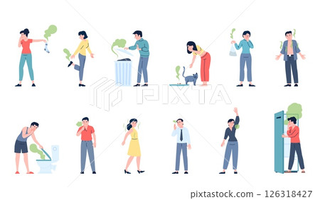 Stinky smell. Bad smells from person body, dirty clothes and socks, waste container, pets and toilette. People suffering and cover noses, recent vector characters Stinky smell. Bad smells from person body, dirty clothes and socks, waste container, pets and toilette. People suffering and cover noses, recent vector characters 126318427