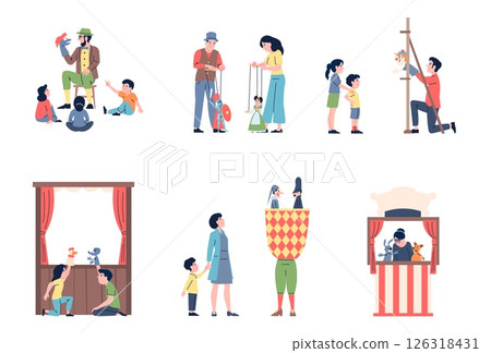 Puppet show scenes. Puppets theater with artists, entertainment for children and adults. Kids watching theatrical production with dolls, recent vector set 126318431