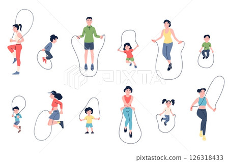 Skipping rope jumping. Cardio training for adults and children, seasonal outdoor activity and play. Sport workout, jump ropes jumpers, recent vector set 126318433