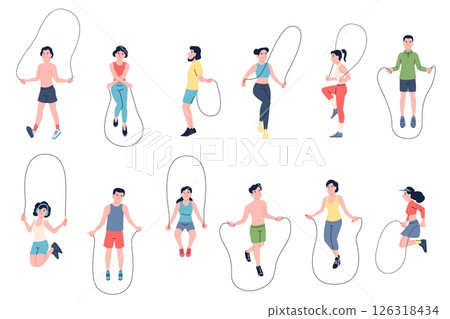 Adults jumping rope training. Men women skipping ropes, outdoor exercises. Seasonal activity, sport cardio training, jumpers recent vector set Adults jumping rope training. Men women skipping ropes, outdoor exercises. Seasonal activity, sport cardio training, jumpers recent vector set 126318434