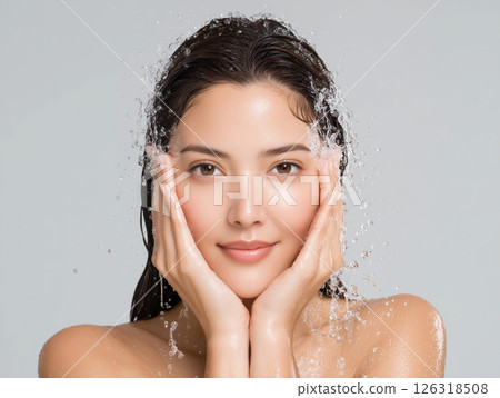 Japanese women washing their faces | Close-up of beautiful skin care 126318508