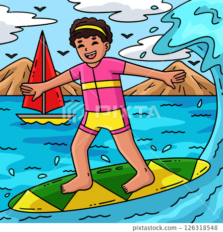 Surfing Girl Colored Cartoon Illustration Surfing Girl Colored Cartoon Illustration 126318548