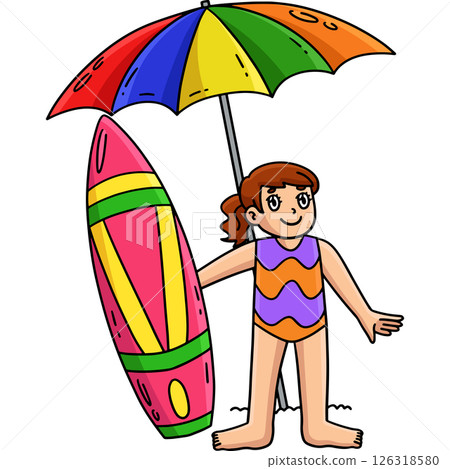Surfing Girl and Surfboard with Umbrella Clipart  126318580