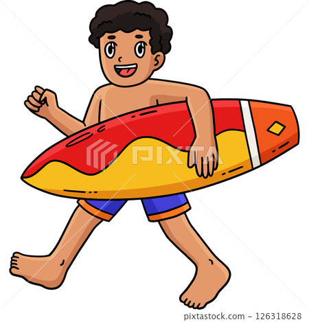 Surfing Boy Carrying a Surfboard Cartoon Clipart  126318628
