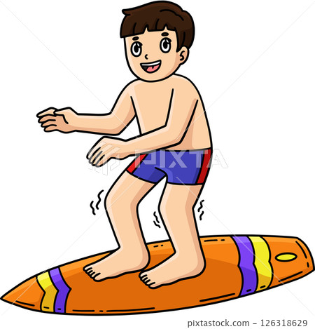 Surfing Boy Balancing on Surfboard Cartoon Clipart 126318629