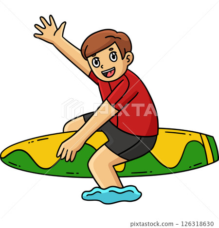 Surfing Boy Sitting on a Surfboard Cartoon Clipart 126318630