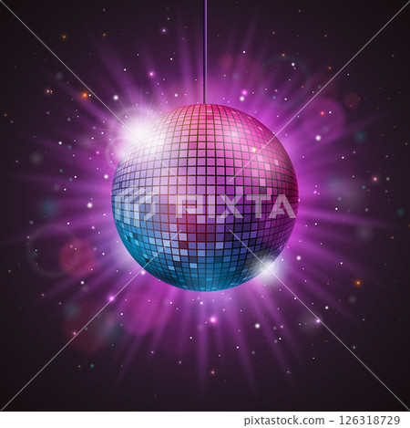 Party Celebration Illustration with Shiny Disco Ball with Reflective Surface and Shine on Bright Night Background. Vector Festival Design for Banner, Flyer, Greeting Card, Invitation or Holiday Poster Party Celebration Illustration with Shiny Disco Ball with Reflective Surface and Shine on Bright Night Background. Vector Festival Design for Banner, Flyer, Greeting Card, Invitation or Holiday Poster 126318729