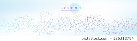 Colorful molecules background with DNA helix, DNA strand, DNA Test. Molecule or atom, neurons. Abstract structure for science, healthcare or medical background, banner. Scientific vector illustration 126318794