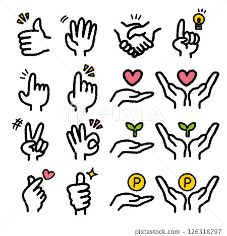 Hand drawn icon set of hand gestures with symbols 126318797