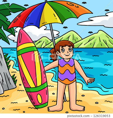 Surfing Girl and Surfboard with Umbrella Colored Surfing Girl and Surfboard with Umbrella Colored 126319053