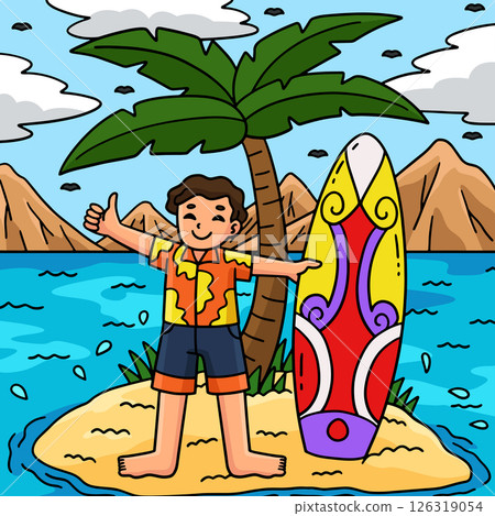 Surfing Boy with a Surfboard and Palm Tree Colored 126319054