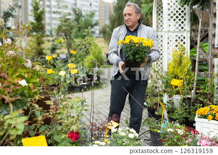 Elderly male shopper buys plants at an open market Elderly male shopper buys plants at an open market 126319159