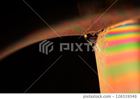 Green liquid surface, green reflections of liquid in macro,, bubbles in macro, connection of bubbles in macro, cell from liquid, dark background, glossy surface 126319348