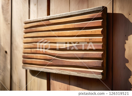 Long carved wooden sign for path or decoration.AI Generated 126319521