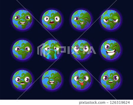 Earth planet emoji. Cartoon planets cute character emoticons, baby globe sad happy face global world funny character ecology save nature smile stickers swanky vector illustration Earth planet emoji. Cartoon planets cute character emoticons, baby globe sad happy face global world funny character ecology save nature smile stickers swanky vector illustration 126319624